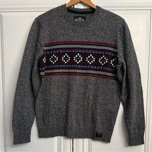 Hollister Men's Size Medium Grey Crew Neck Fair Isle Sweater Nordic Snowflake